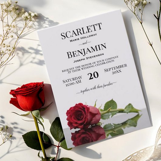 長エレガント茎クリムゾンレッド結婚ローズ 招待状