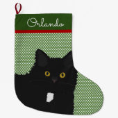 長パーソナライズされた毛黄目黒猫 ラージクリスマスストッキング (正面)