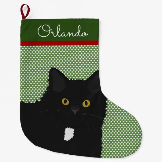 長パーソナライズされた毛黄目黒猫 ラージクリスマスストッキング (正面)