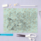 長フランスのヴィンテージティール（緑がかった色）鳥 薄葉紙 (クラフト)