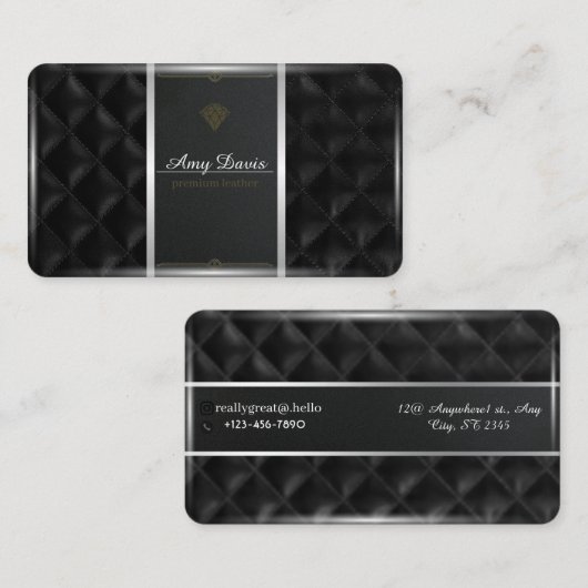 長方形のステッチでステッチされた黒い革 名刺 (正面/裏面)