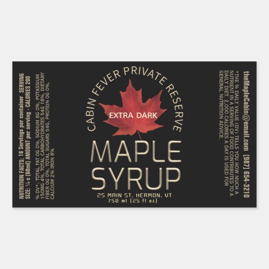 長方形ブラックメープルシロップと栄養ファクト 長方形シール (正面)