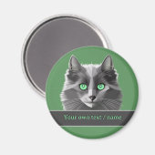 長毛グレー子猫 – 緑の目をした猫顔 マグネット (正面/裏面)