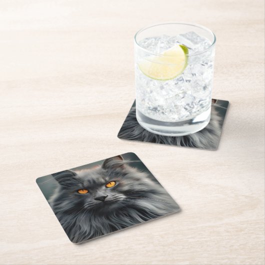 長毛威厳のある猫ポートレートデザイン スクエアペーパーコースター (インサイチュ)