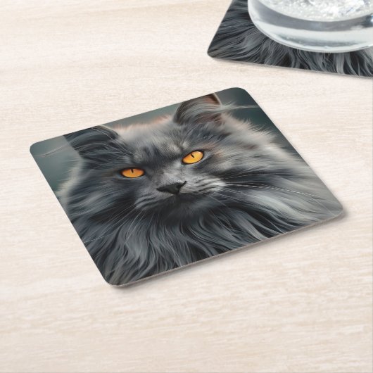 長毛威厳のある猫ポートレートデザイン スクエアペーパーコースター (アングル)