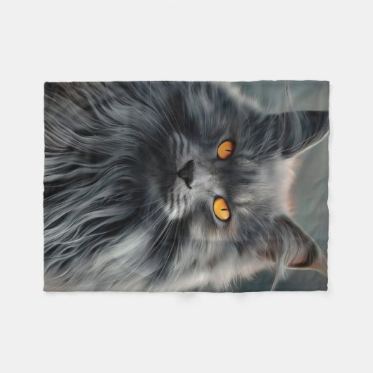 長毛威厳のある猫ポートレートデザイン フリースブランケット (正面(横))