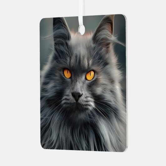 長毛威厳のある猫ポートレートデザイン メタルオーナメント (正面左)