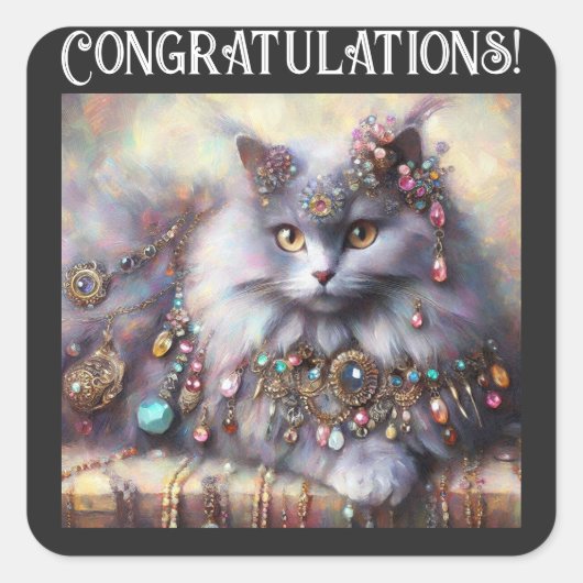 長毛灰色の猫ネコジュエリー宝石 スクエアシール (正面)