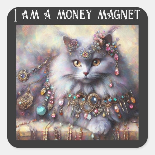 長毛灰色の猫ネコジュエリー宝石 スクエアシール (正面)