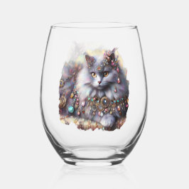 長毛灰色の猫ネコジュエリー宝石 ステムなしワイングラス