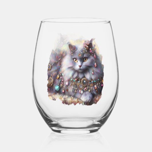 長毛灰色の猫ネコジュエリー宝石 ステムなしワイングラス (正面)