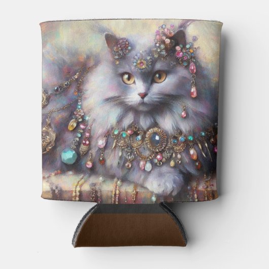 長毛灰色の猫ネコジュエリー宝石 缶クーラー (正面)