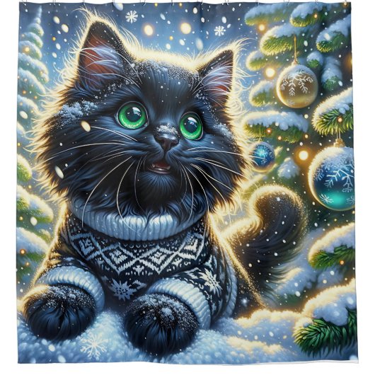 『長毛黒猫の初めてのクリスマス』 シャワーカーテン (正面)