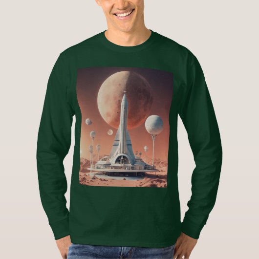 長袖レトロ – 未来的ムーンベースティー Tシャツ (正面)
