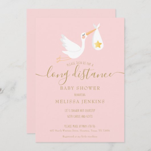長距離ピンクベビーガールシャワーバイメール 招待状 (正面/裏面)