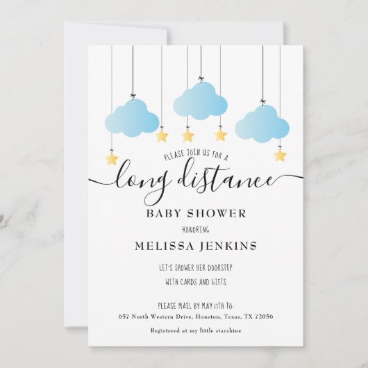 長距離男の赤ちゃんシャワー |メールで振りかける 招待状 (正面)