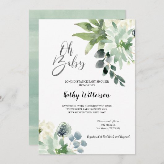 長距離緑に赤ちゃんシャワー 招待状 (正面/裏面)