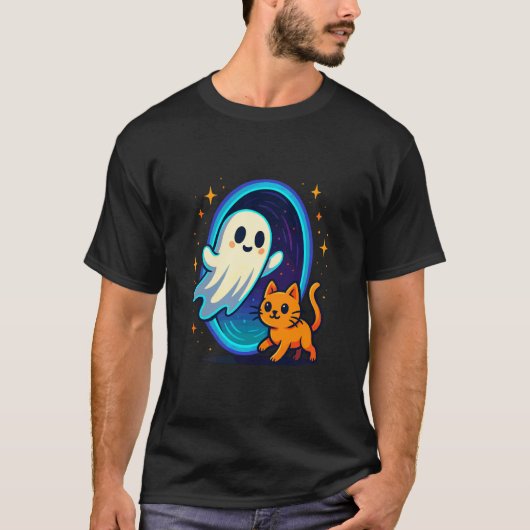 門のところの可愛いお化けと猫 Tシャツ (正面)
