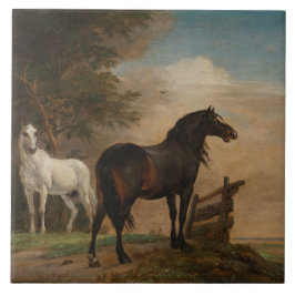 門の近くの牧草地に二頭の馬（パウルスポッター） タイル