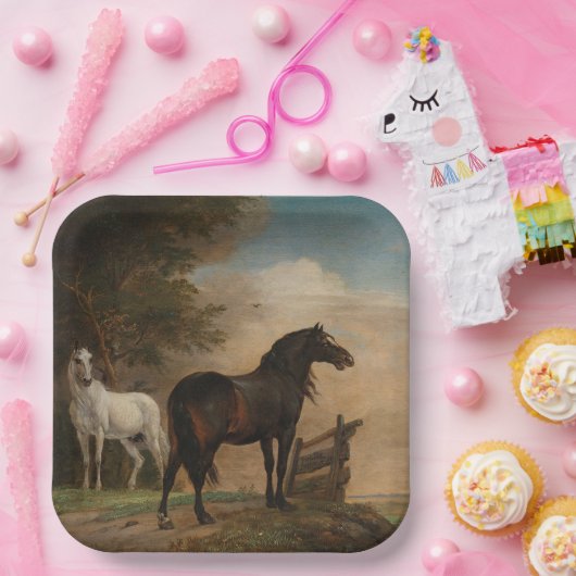 門の近くの牧草地に二頭の馬(パウルスポッター) ペーパープレート (パーティー)