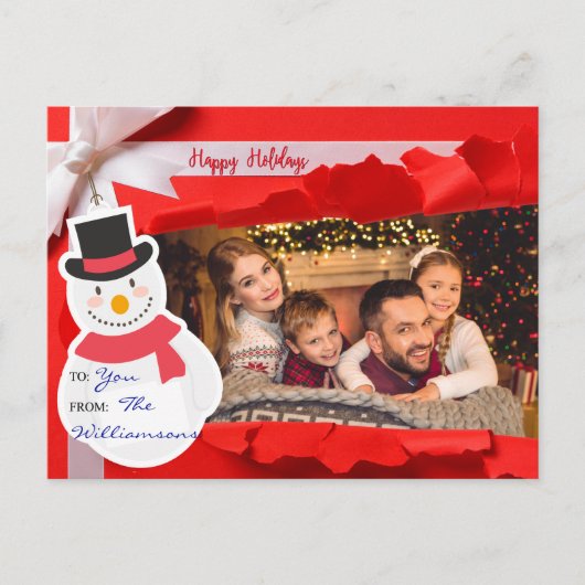 開いたギフトが家族の写真を明らかにする幸せな休日 ポストカード (正面)