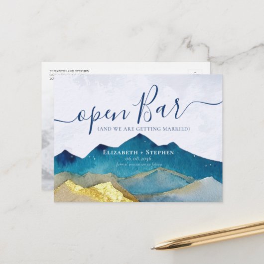 開いたバー金ゴールド結婚山の写真の日付を保存 案内ポストカード (正面/裏面インサイチュ)