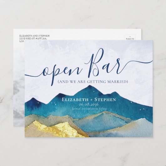 開いたバー金ゴールド結婚山の写真の日付を保存 案内ポストカード (正面/裏面)