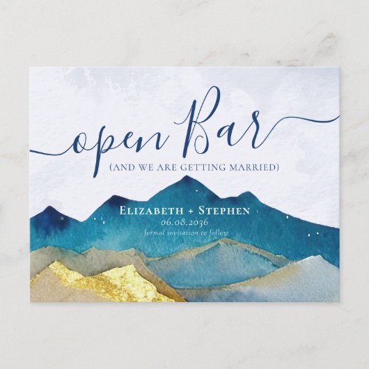 開いたバー金ゴールド結婚山の写真の日付を保存 案内ポストカード (正面)