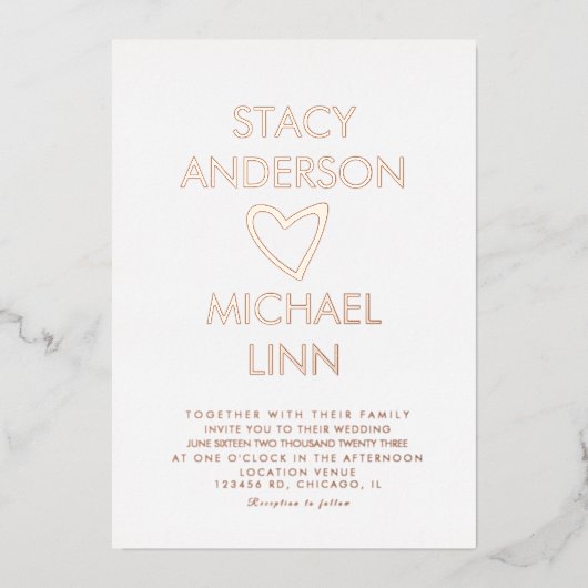 開いたモダンハートハンドドロー結婚ドの押し込み 箔招待状 (正面)