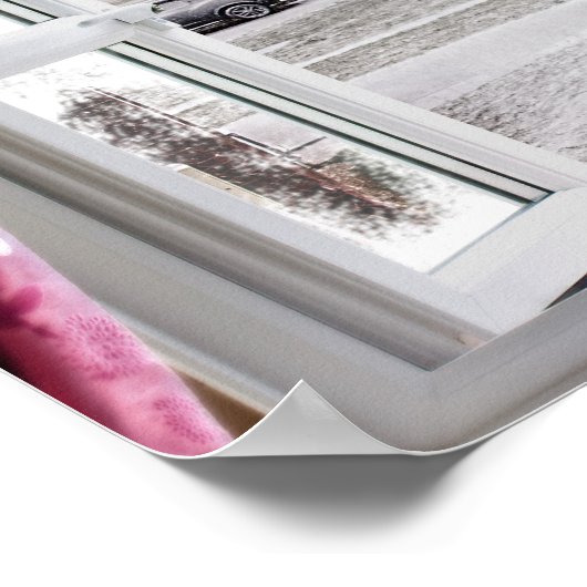 開いた凍ってい窓から美しい湖の景色 ポスター (角)