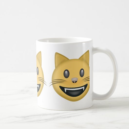 開いた口Emojiが付いている微笑猫の顔 コーヒーマグカップ (右)
