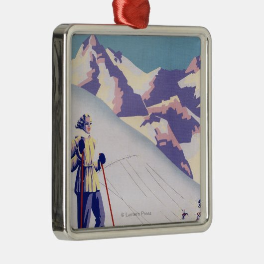 開いた斜面ポスターを提起している女性 メタルオーナメント (右)