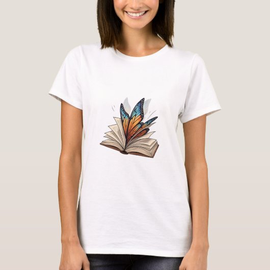 開いた本から現れる蝶の羽 Tシャツ (正面)