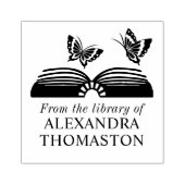 開いた本に二匹の蝶 図書館の本の名前 ラバースタンプ (インプリント)