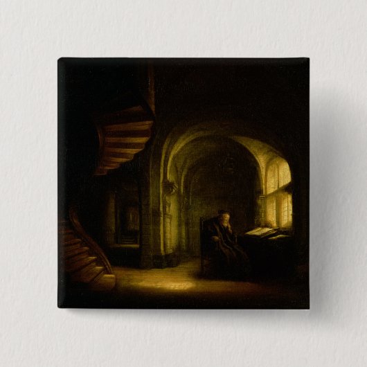 開いた本を持つ哲学者、1625-7年(窓ガラスの油 缶バッジ (正面)