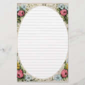 開いた楕円形の中心が付いているヴィンテージの花フレーム 便箋 (正面)