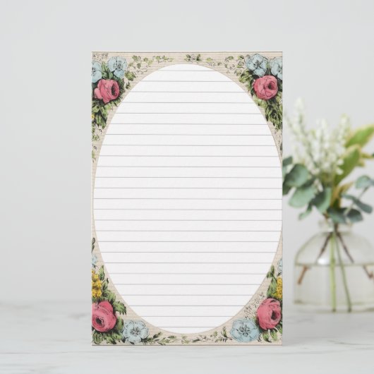 開いた楕円形の中心が付いているヴィンテージの花フレーム 便箋 (スタンド正面)