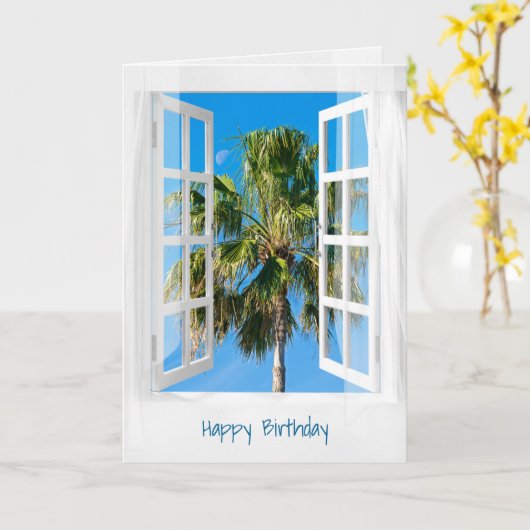 開いた窓とヤシの木 カード (黄色い花)