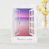 開いた窓の紫の海日 カード (黄色い花)