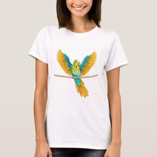 開いた翼を持つロープに座っているセキセイインコ Tシャツ (正面)