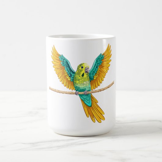 開いた翼を持つロープの上のセキセイインコ コーヒーマグカップ (中央)
