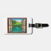 開いているウィンドウの荷物のラベルを通した川 ラゲッジタグ (正面横)
