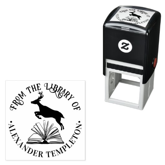 開いている図書名の上を飛び跳ねる鹿 セルフインキングスタンプ (インサイチュ)