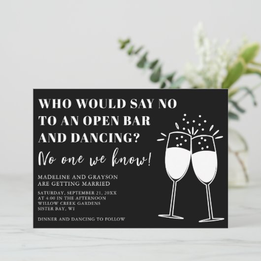 開おもしろいカジュアル開バー踊り結婚式招待状 招待状 (スタンド正面)