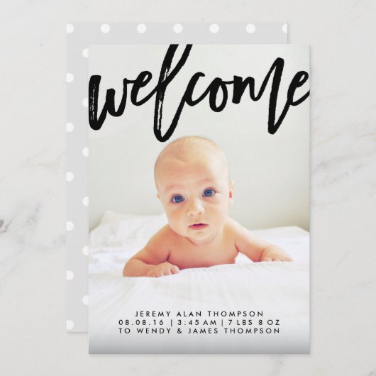 開始モダンスクリプト |写真の誕生のお知らせ 案内状 (正面/裏面)