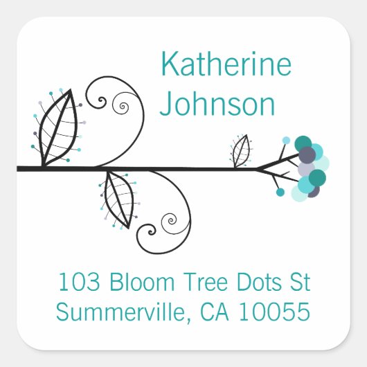 開花お洒落ツリーブルーティール(緑がかった色)ドットシックアドレス スクエアシール (正面)