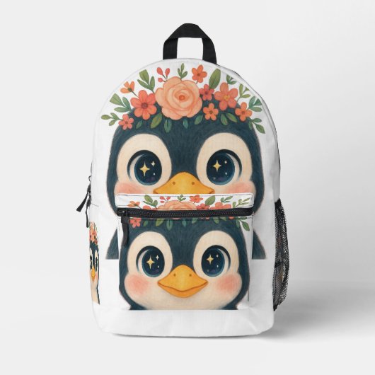 開花お洒落ペンギン プリントバックパック (正面)