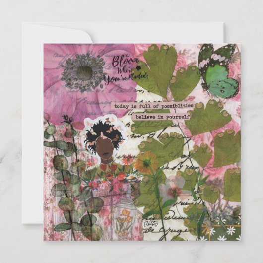 開花が植えられたフラットグリーティングカード (正面)