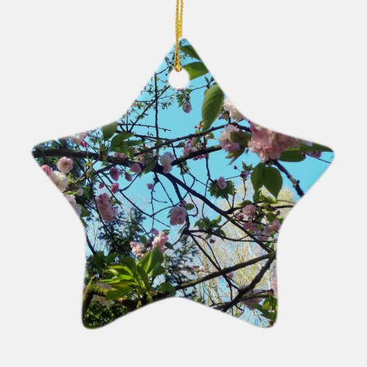 開花さくらんぼ、花、自然、ピンクの花 セラミックオーナメント (正面)