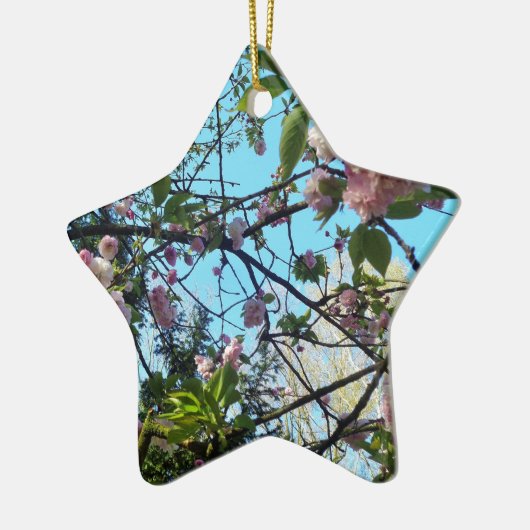 開花さくらんぼ、花、自然、ピンクの花 セラミックオーナメント (左)